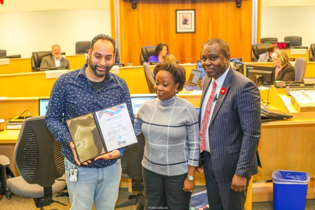 Eman (R) and Economic Development Staff of Brampton, Prince Khan (L) and Erica Henry-Jackman (C)